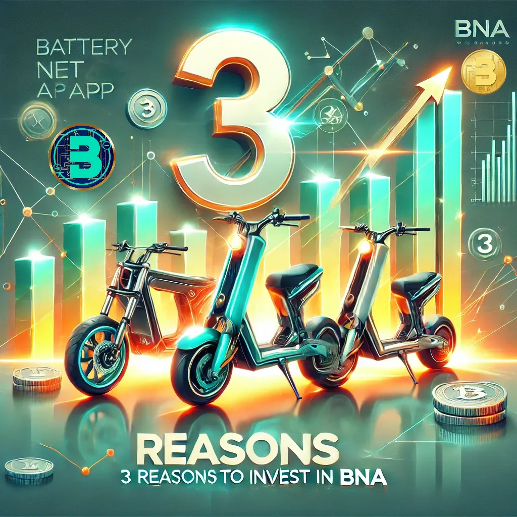 A dynamic and motivating image showcasing '3 Reasons to Invest in BNA'. The design should feature futuristic electric motorcycles and scooters with