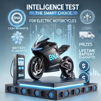 prueba de inteligencia sobre como elegir una motocicleta electrica. La imagen muestra una motocicleta electrica futurista y elegante con el logotipo de BNA e1726643731532